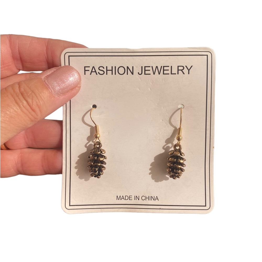Gold Tone Pine Cone Drop Earrings
